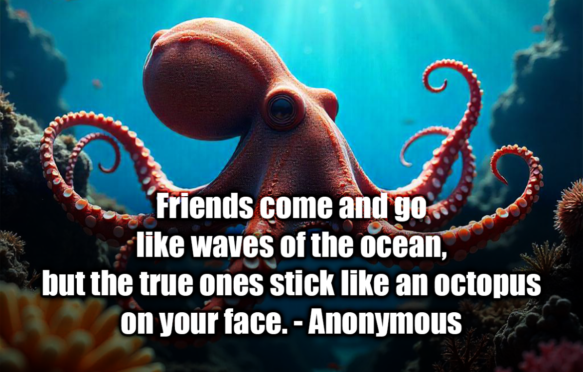 Friends come and go like waves of the ocean, but the true ones stick like an octopus on your face. - Anonymous