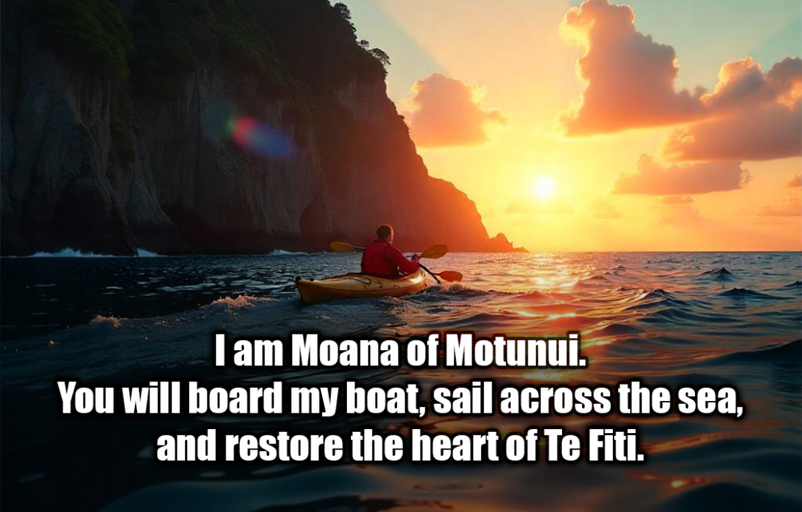 I am Moana of Motunui. You will board my boat, sail across the sea, and restore the heart of Te Fiti. - Moana